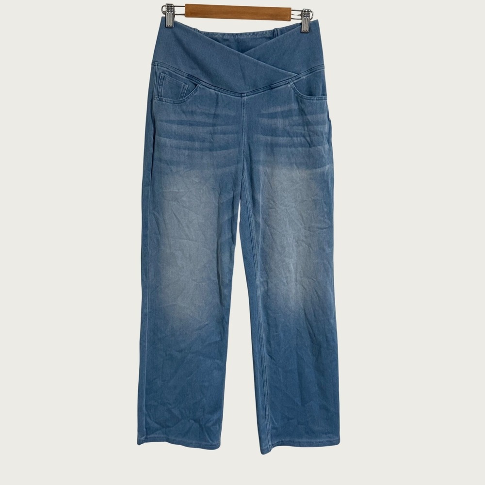 Halara Straight Leg Jeans Womens M Petite Blue Crossover Waist Flex Denim NWT